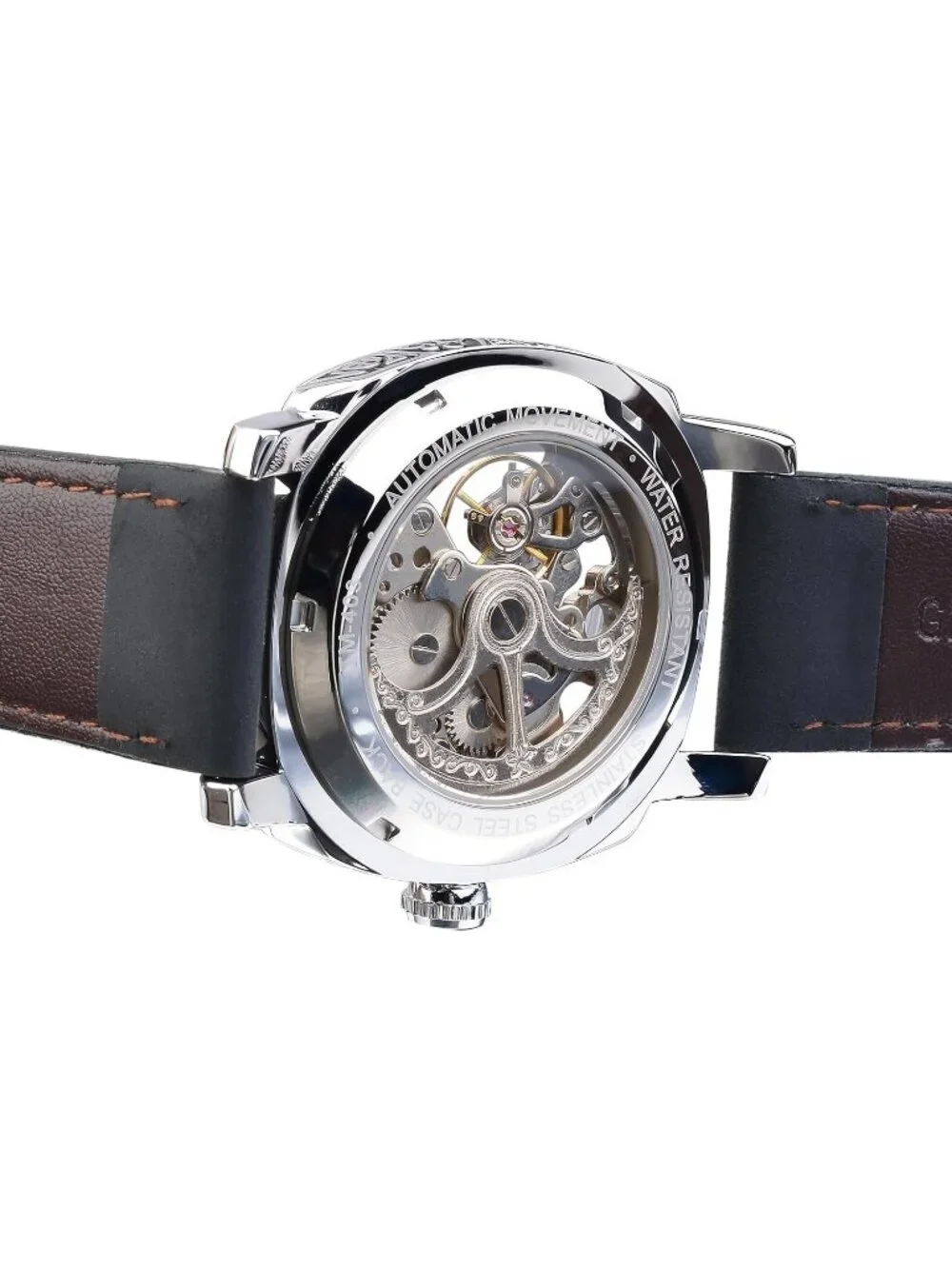 Men's Black Square Mechanical Leather Strap Self-Wind Carved Automatic Watch